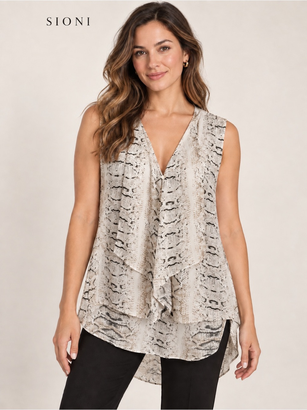 EUC Sioni Snake Print Sleeveless Draped Button V-Neck Blouse Neutral Beige Sz S